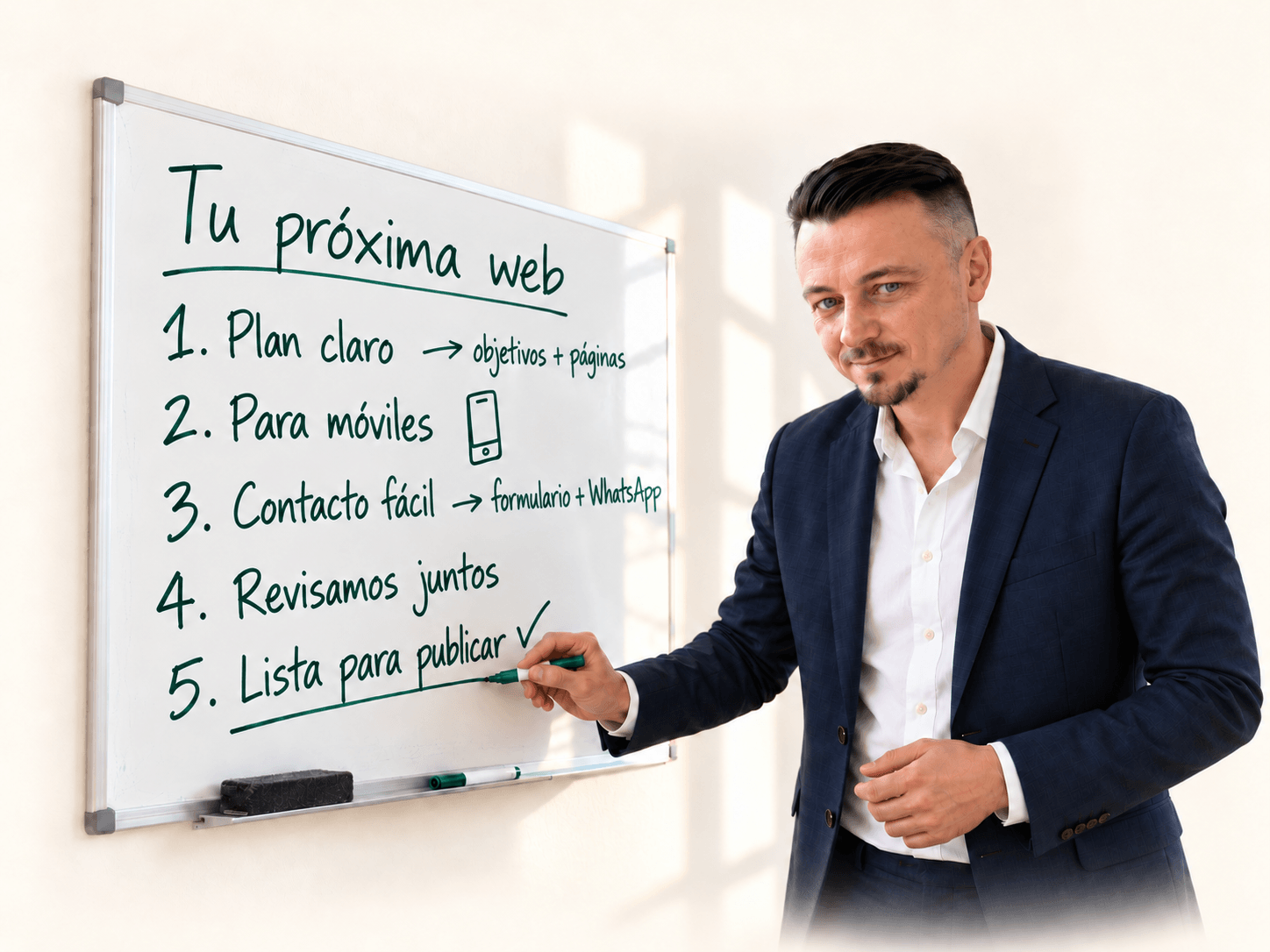 En la pizarra: un plan claro, diseño para móviles, contacto fácil, revisión conjunta y publicación.
