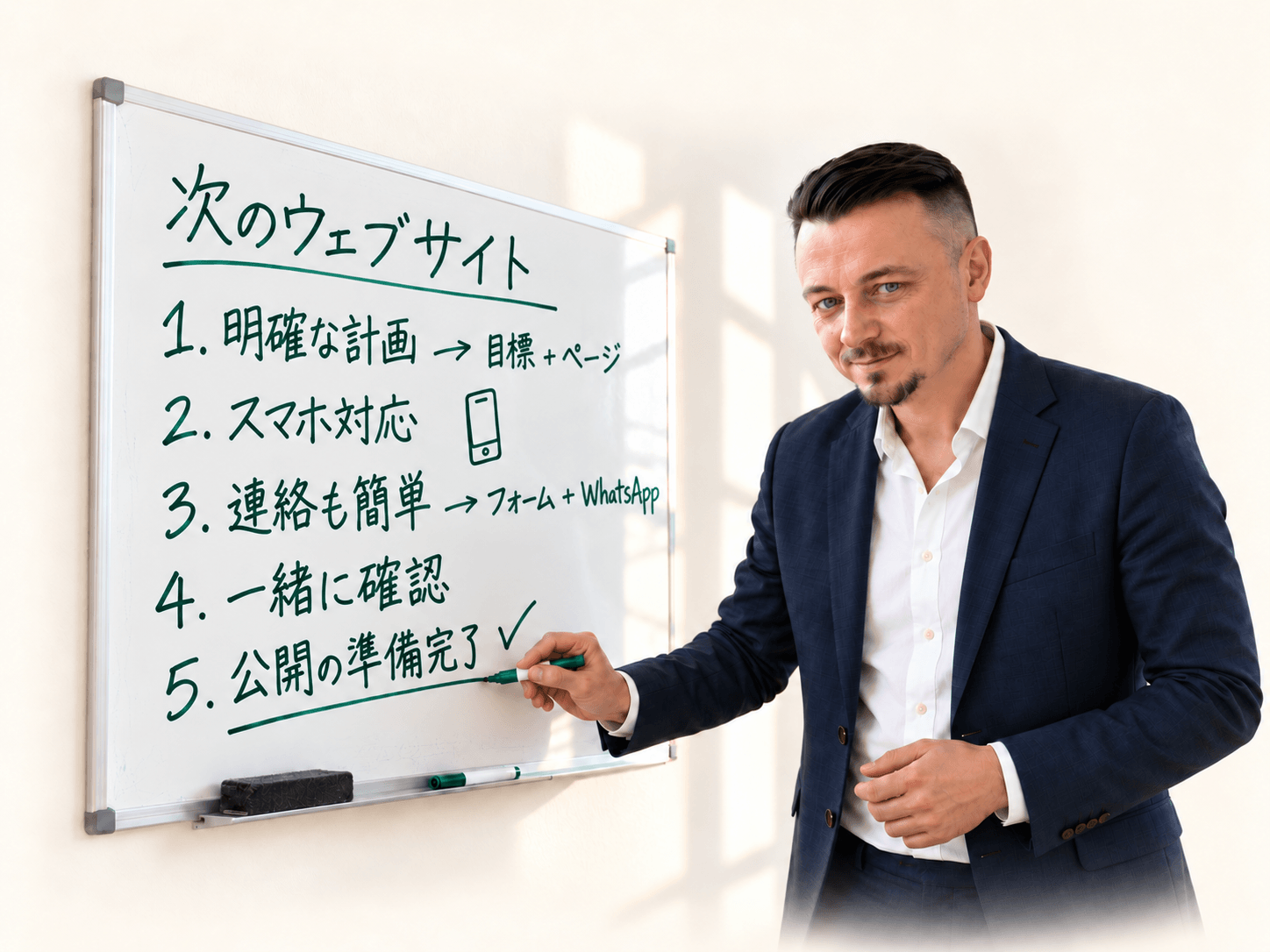 ホワイトボードの内容:明確な計画、スマホ対応、簡単な連絡、一緒に確認、公開の準備。